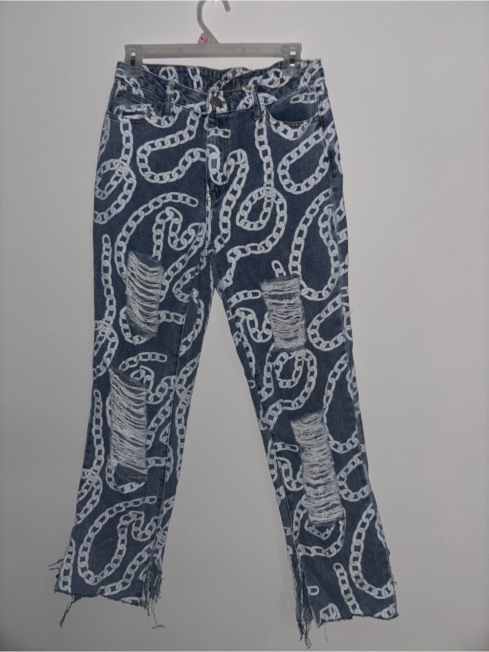 Chain Print Distressed Blue Denim Jeans